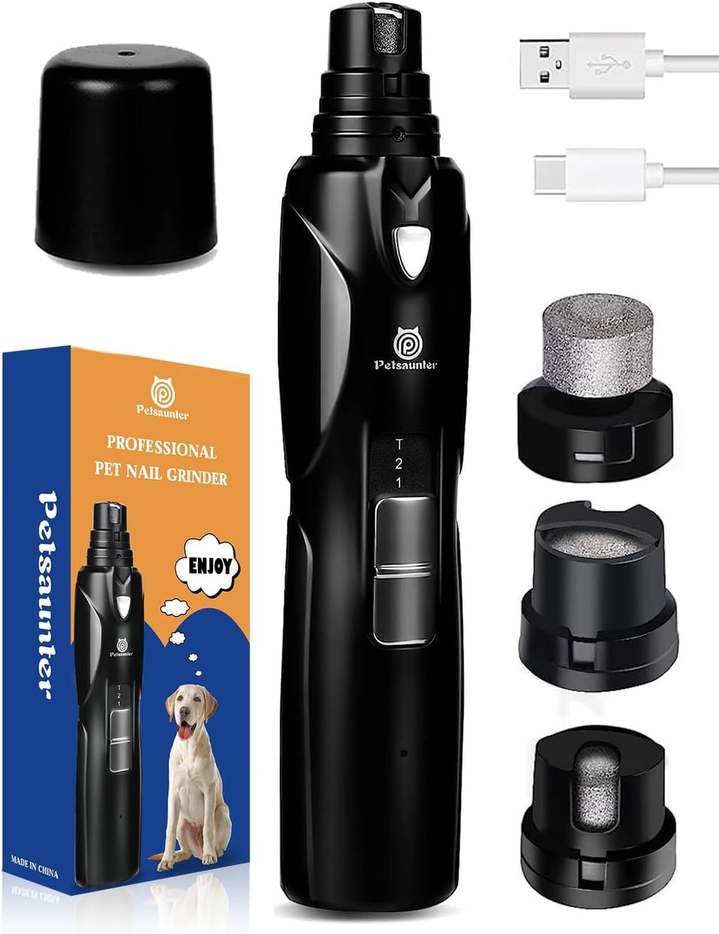 Petsaunter Lima de Unas Electrica para Perro | 2 Velocidades, Luz LED, Interruptor Tactil, USB-C, Silenciosa y de Baja Vibracion, 3 Puertos para Perros y Gatos