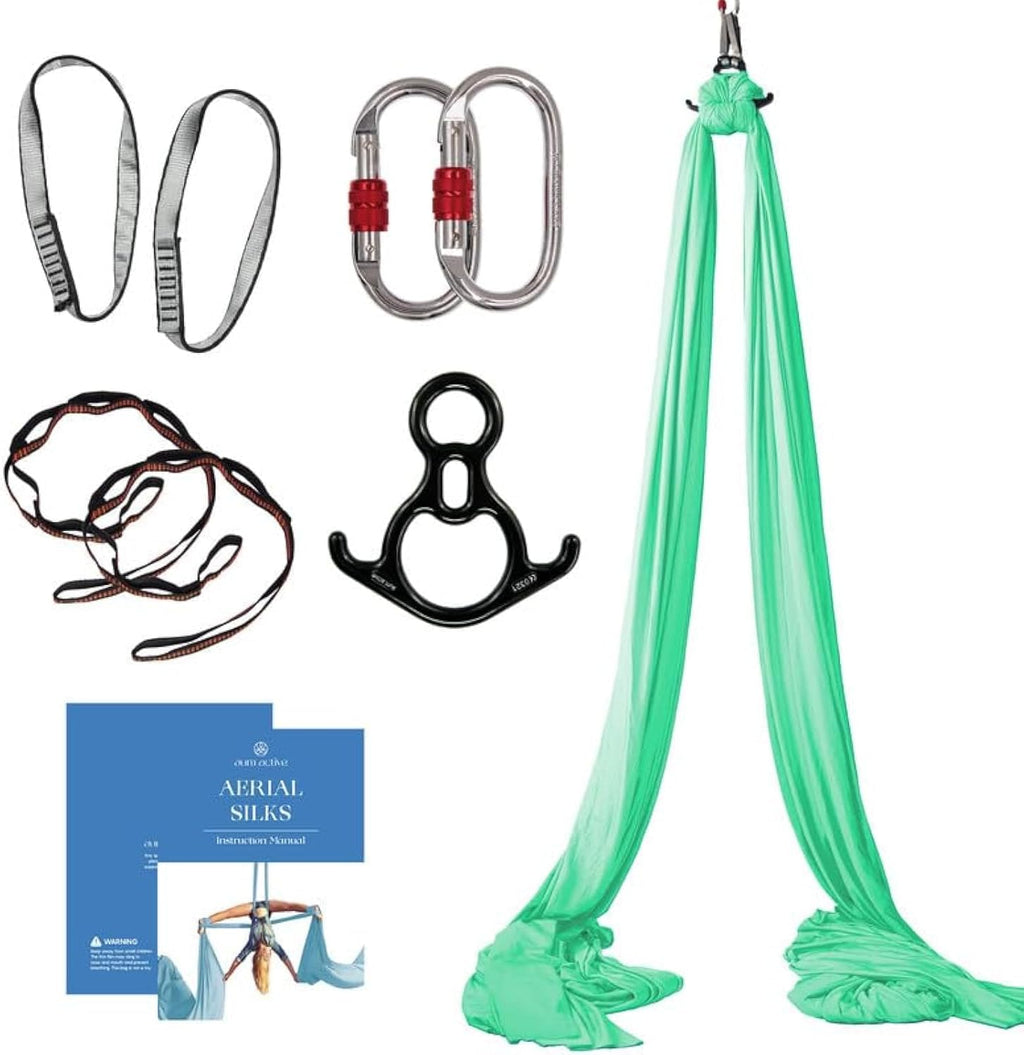 Kit de iniciación Aum Active Aerial Silks: Hamaca de yoga aéreo duradera de 8,3 metros con herrajes y guía. Columpio aéreo para yoga acrobático aéreo y todos los niveles (punto de anclaje aéreo de hasta 4 metros).