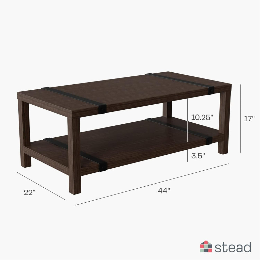 Stead – Mesa de Centro Industrial – Mesa Rectangular de Metal y Madera – Ideal para Sala de Estilo Industrial y Modern Farmhouse – Detalles en Metal con Recubrimiento en Polvo – Nogal Cálido