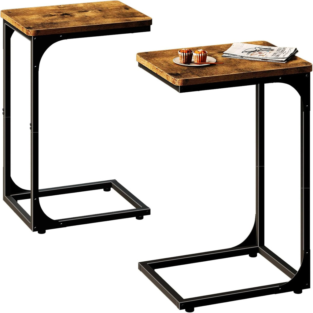 Mesa Auxiliar QEEIG Tipo C Set de 2 | Mesas en Forma de C para Sofá | Estilo Granja Rústico | Café (017-30BN)