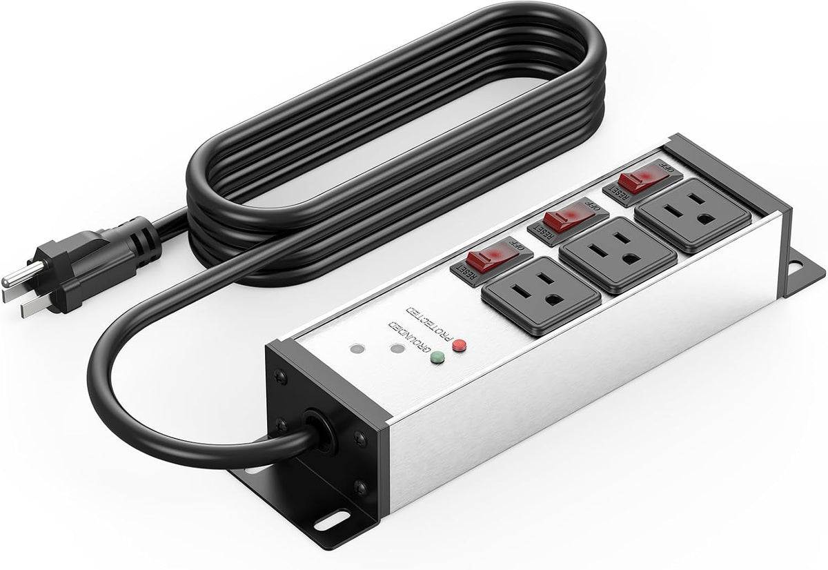 Regleta CCCEI de 3 Tomas Uso Rudo con Supresor de Picos 20 Amp | Interruptores Individuales, Cable Calibre 12, Montaje en Pared | 6 Pies, Plata