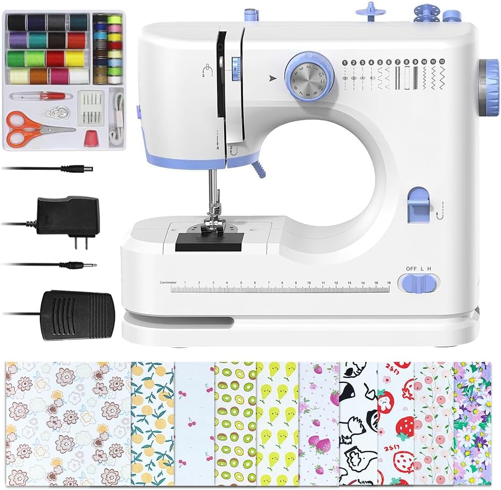 Stoigeld Sewing Machine for Beginners with 20Pcs Fabric & 32Pcs Sewing Threads Kit,Portable Sewing Machine with 12 Built-in Stitches & 2 Speed(High-Low Speeds) - White&Blue