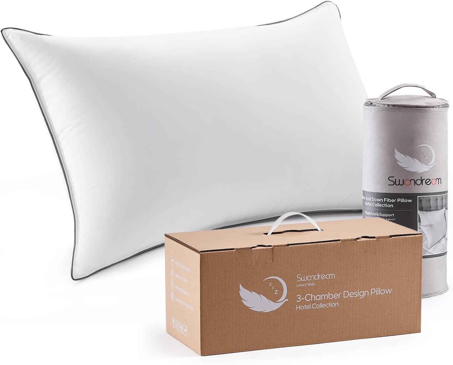 Almohada estándar de fibra de plumón de ganso, paquete individual, almohadas de lujo de 3 compartimentos con funda suave y a prueba de plumón, almohadas de hotel mullidas para dormir de lado, boca arriba y boca abajo, 50 x 66 cm 