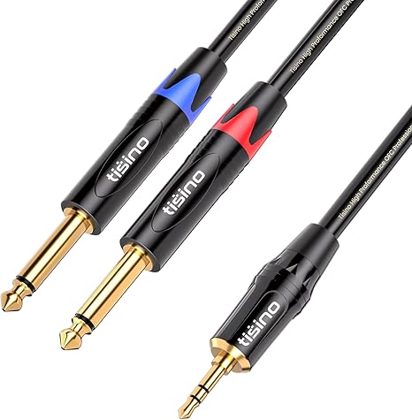 Tisino - Cable TRS estéreo de 1/8" a dual TS mono con divisor en Y de 1/4", cable estéreo con miniconector auxiliar de 3.5 mm a conector de 6.35 mm, 1 metro de longitud