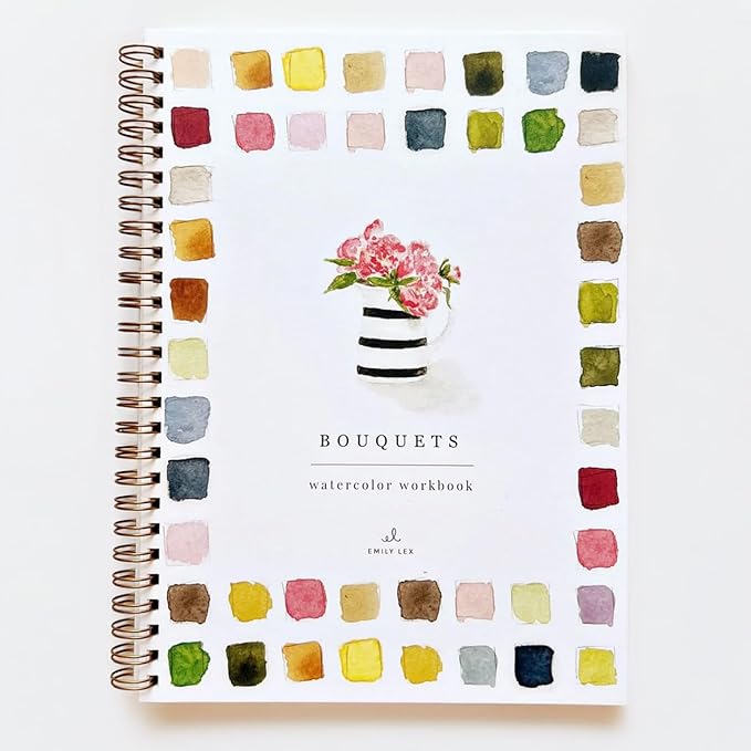 Cuaderno de trabajo de acuarela Bouquets de Emily Lex Studio, 12 ilustraciones dibujadas para principiantes, páginas en espiral planas, 6.5 x 9 pulgadas, papel de acuarela de 120 libras