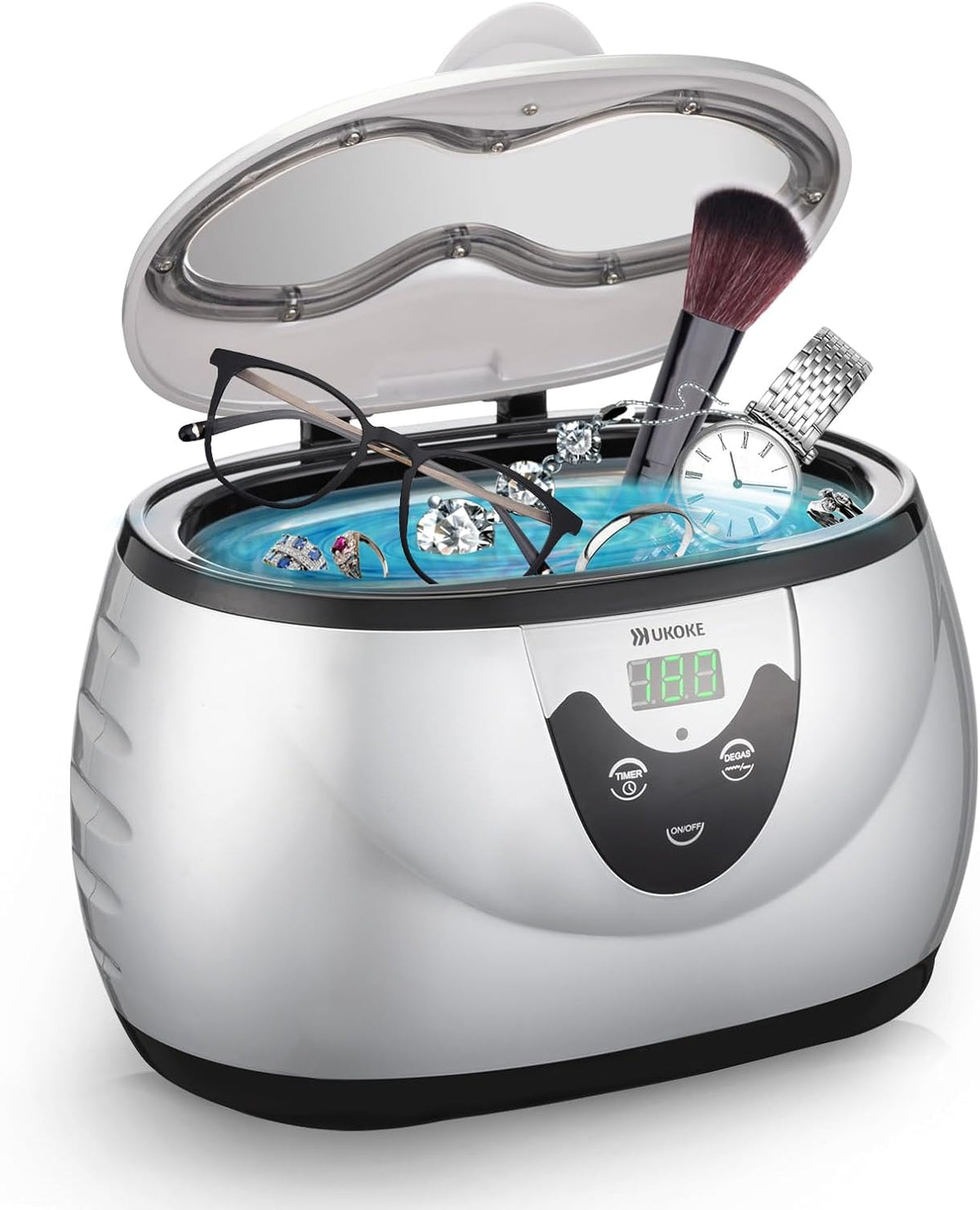 Limpiador ultrasónico Ukoke UUC06S, limpiador profesional de joyas para gafas, anillos y relojes, limpiador sónico portátil de 42 kHz con depósito de acero inoxidable de 600 ml de capacidad.