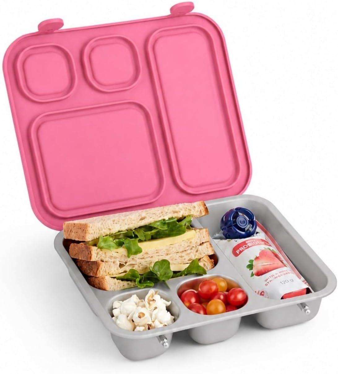 Fiambrera infantil de acero inoxidable Elk and Friends con tapa de silicona | A prueba de fugas | Recipiente para el almuerzo de los niños pequeños | 4 compartimentos | Apta para lavavajillas