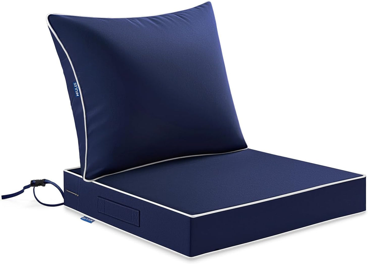 Cojín de exterior MIULEE azul marino de 22x24 pulgadas, impermeable y resistente a la decoloración durante 3 años, cojín profundo para asiento y respaldo para muebles de patio, sillas, sofás, sillones, con asa y correas ajustables.