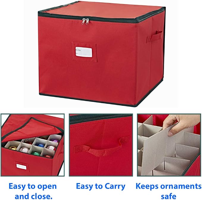 Caja Organizadora de Esferas Navideñas Keten — 128 Esferas 3", 8 Bandejas, 48 Divisores, Oxford 600D, Rojo