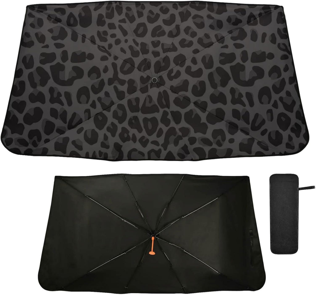 COLOR VERDE Y NEGRO-Parasol plegable para parabrisas Oarencol Black Leopard con estampado de piel de animal africano. Bloquea los rayos UV y mantiene el vehículo fresco (55" x 27.5").