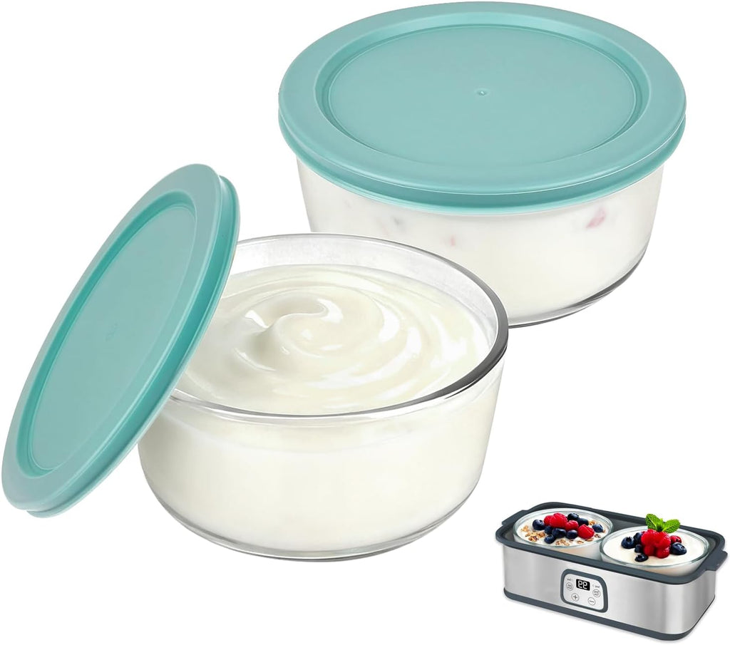 Piszvbej Paquete de 2 recipientes de vidrio para yogur con tapa, recipiente reutilizable para yogur con tapa, gran capacidad para preparar más sin esperas, juego de recipientes redondos con tapa, boca ancha, ideal para almacenar alimentos y preparar
