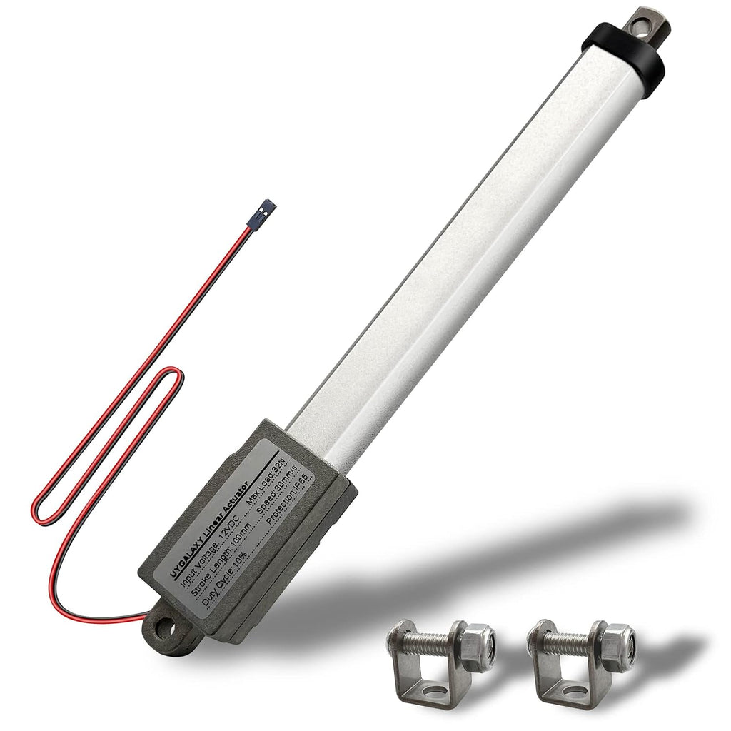 UYGALAXY Actuador lineal eléctrico micro de 4" de carrera, 12 V - 32 N/7,2 lb, velocidad de 1,2"/seg. Mini actuador de movimiento metálico impermeable con soporte de montaje para robots, gabinetes, cajones y persianas de cosplay.
