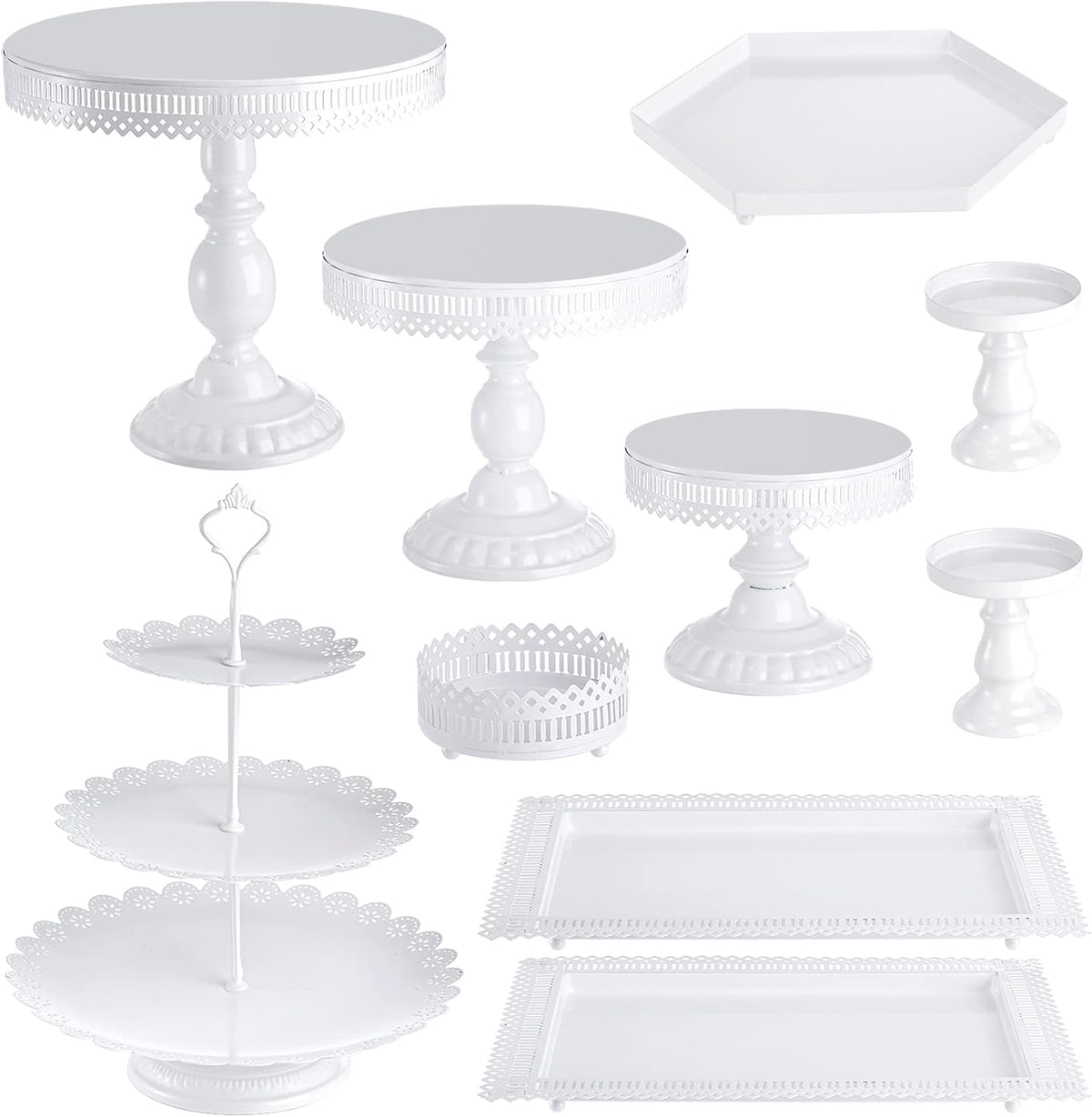 Hedume Juego de 10 soportes de metal para cupcakes con múltiples estilos de combinación, bandeja de postre para servir tartas, torre de exhibición de frutas y dulces para bodas, fiestas de cumpleaños,