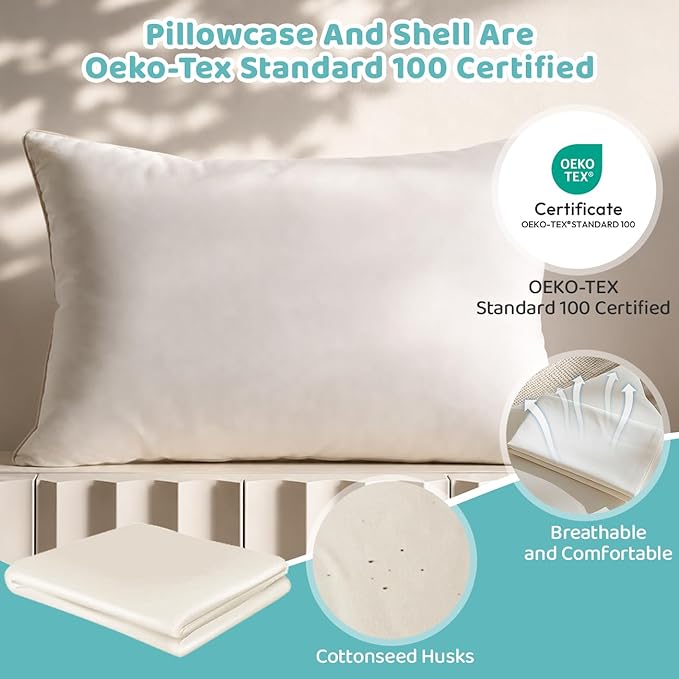 Almohada orgánica LOFE con funda de almohada - Almohada juvenil de 20x26 con cubierta 100% de algodón orgánico, almohada estándar orgánica ajustable de loft, lavable a máquina, suave.
