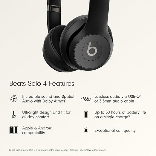 Beats Solo 4 - Auriculares inalámbricos Bluetooth en la oreja, batería de hasta 50 horas, comodidad ultraligera, sonido potente y equilibrado, compatible con Apple y Android, color negro mate