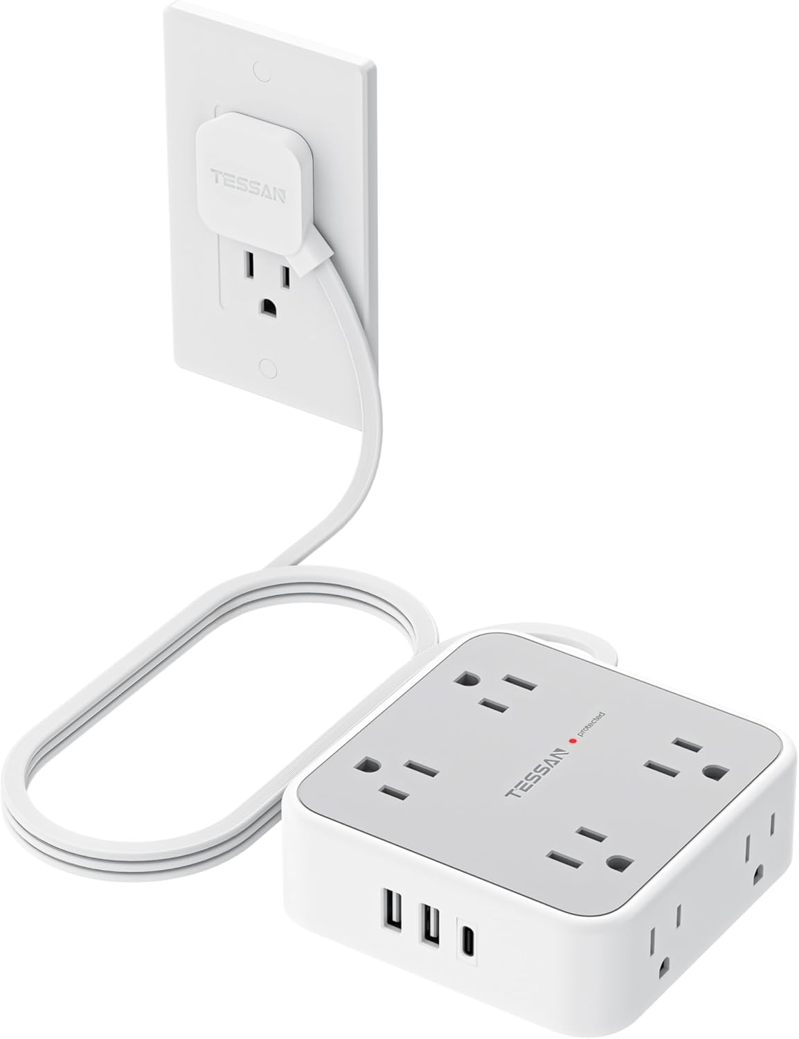 Regleta protectora contra sobretensiones TESSAN, cable de extensión de 1, 5 m con enchufe plano, 3 puertos USB (1 USB-C), 8 tomas de corriente, 1250 W, protección de 900 J, color gris