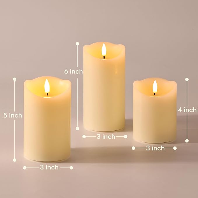 Velas de Pilar Sin Llama Marfil LED Parpadeantes Juego de 3 – Cera Real con Pilas ⚠️ EL CONTROL NO FUNCIONA