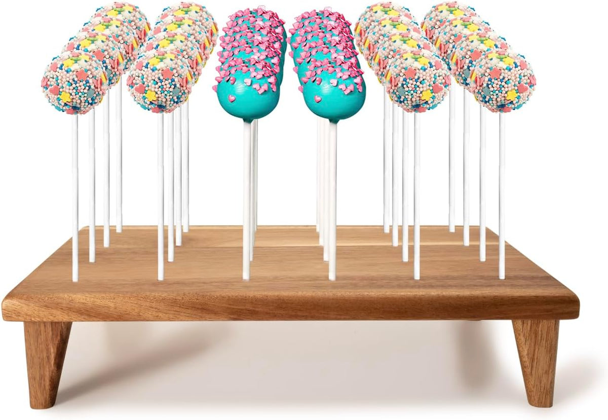 Soporte de Madera Acacia para Paletas de Repostería con 24 Agujeros, Tamaño 4 mm, Ideal para Bodas