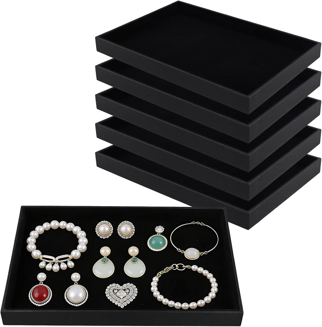 (USADO) SOUJAP Juego de 6 Bandejas de Terciopelo para Joyeria | 13.8 x 9.4 x 1.1 Pulgadas | Apilables Negras | Organizador Expositor para Cajones | Aretes, Collares y Anillos