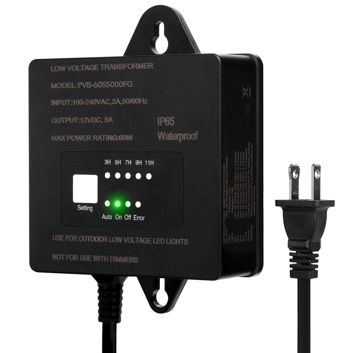 Transformador de Bajo Voltaje 60W con Temporizador y Sensor Fotoeléctrico - 120V a 12V, IP65