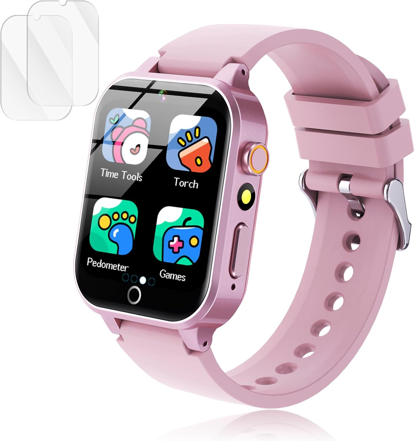 Reloj de juegos para niños Luyiilo con 26 juegos de rompecabezas, pantalla táctil, cámara HD, despertador, juguetes para niños de 4 a 12 años. Regalo de cumpleaños para niños y niñas (rosa). 