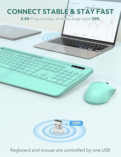 Teclado y Mouse Inalámbrico SABLUTE Ergonómico – Con Descansapuños, Soporte para Teléfono y Baterías Incluidas, Color Verde Menta