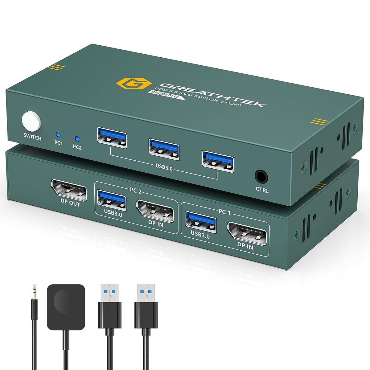 Conmutador KVM 1 Monitores 2 Computadoras DisplayPort 8K@60Hz, USB 3.0 Conmutador KVM DisplayPort con 3 Puertos USB 3.0 EDID Uso compartido adaptativo Ratón, teclado y monitor Plug and Play