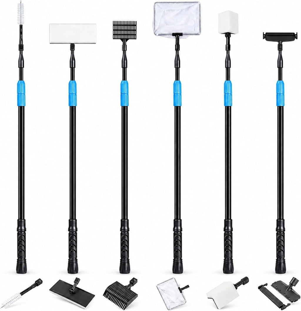 AquaMiracle Kit de herramientas de limpieza de acuario 6 en 1, kit de limpieza de peceras para tanque de 20 a 160 galones con mango largo telescópico, raspador de algas, almohadillas de fregado, limpiador de tubos, red de pescado, rastrillo de grava