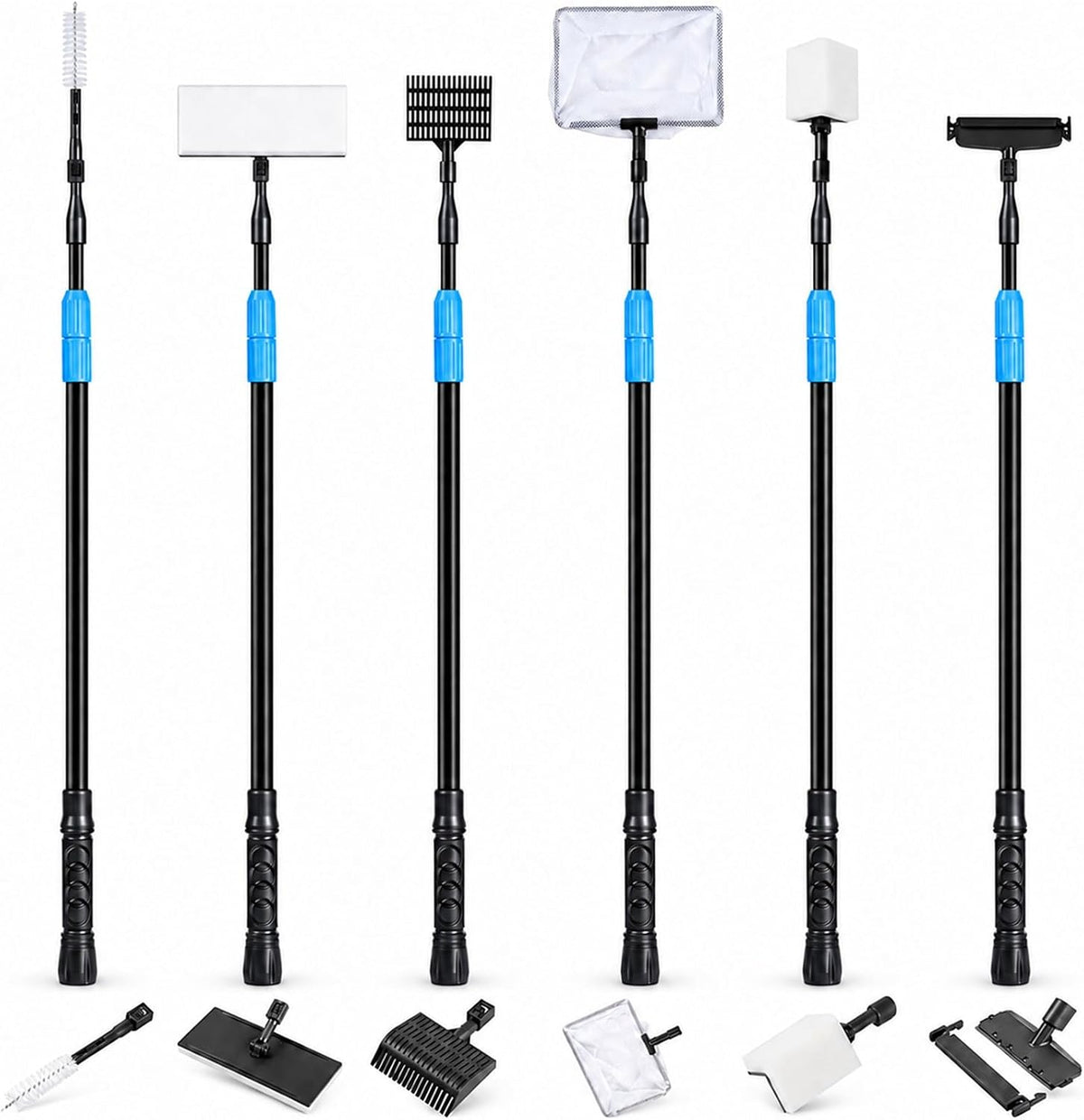 AquaMiracle Kit de herramientas de limpieza de acuario 6 en 1, kit de limpieza de peceras para tanque de 20 a 160 galones con mango largo telescópico, raspador de algas, almohadillas de fregado, limpiador de tubos, red de pescado, rastrillo de grava