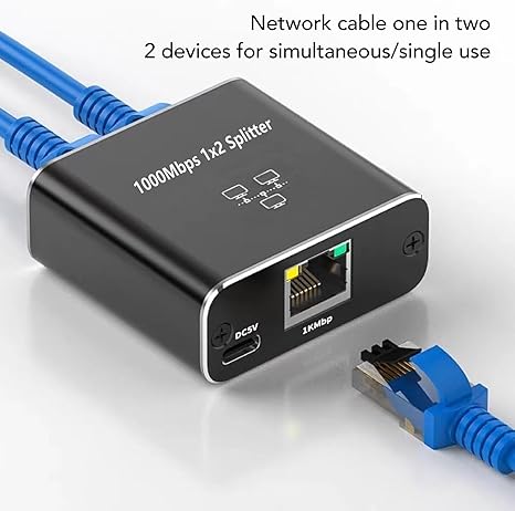 Bewinner Divisor Ethernet, divisor Ethernet Gigabit RJ45 1 a 2, conector de extensión de red con cable de alimentación USB, adaptador divisor para cable Cat5/5e/6/7 (dos dispositivos compartidos)