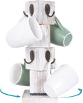 Porta Tazas Giratorio 360° de Madera Paulownia – 8 Ganchos, Estilo Farmhouse, Blanco, 12.7x33.8 cm