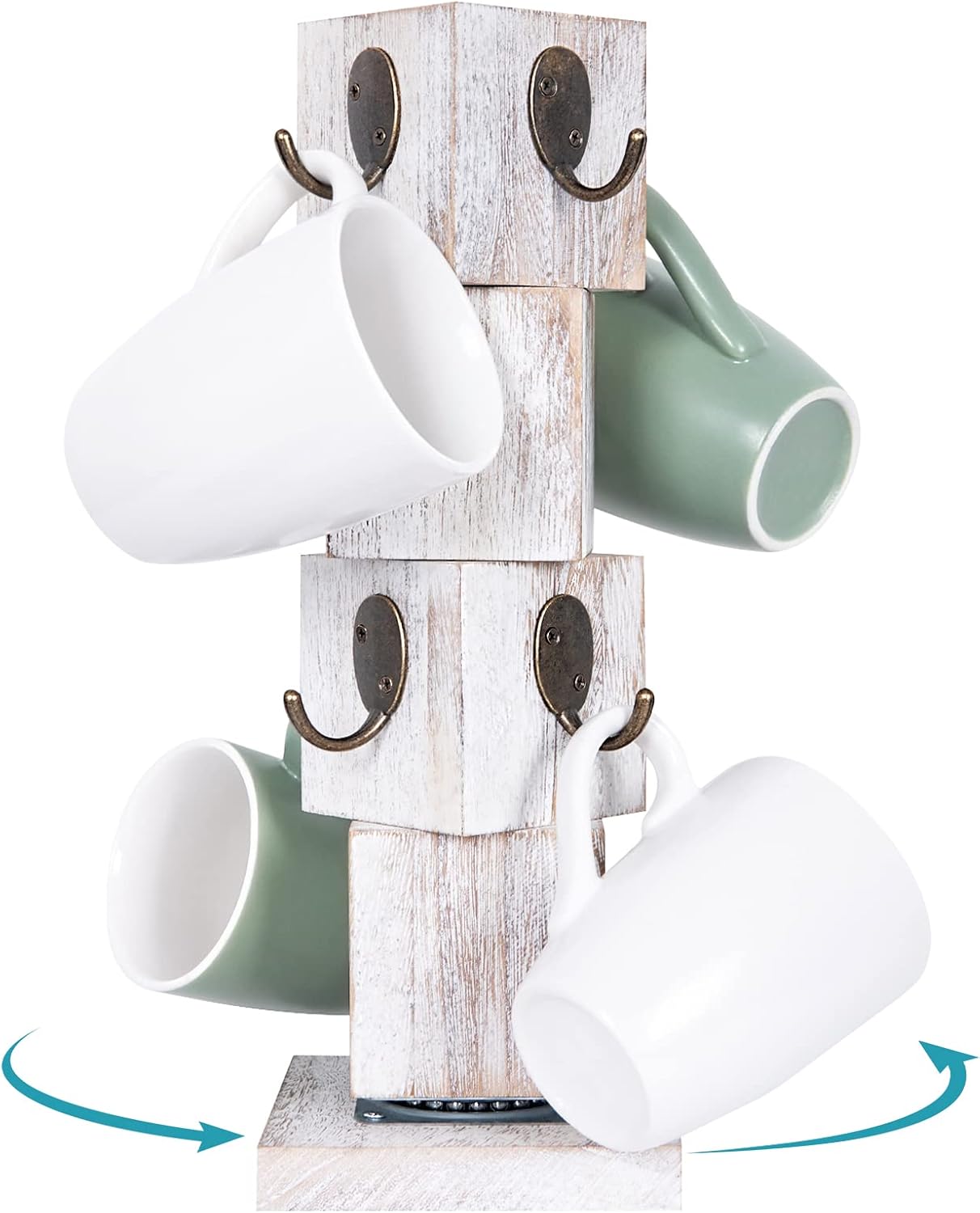 Porta Tazas Giratorio 360° de Madera Paulownia – 8 Ganchos, Estilo Farmhouse, Blanco, 12.7x33.8 cm