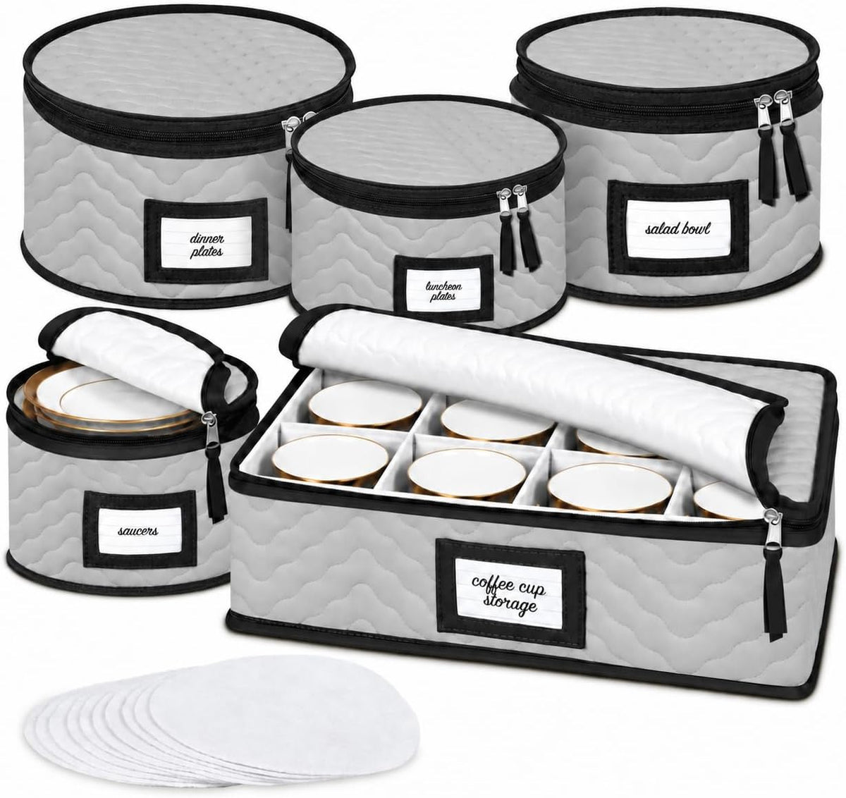 Cajas de almacenamiento de porcelana, juego de 5 piezas, ideales para guardar vajilla, vasos, platos, tazas y platillos. Organizador de platos resistente de microfibra acolchada con separadores para almacenamiento estacional. Capacidad para 12 piezas
