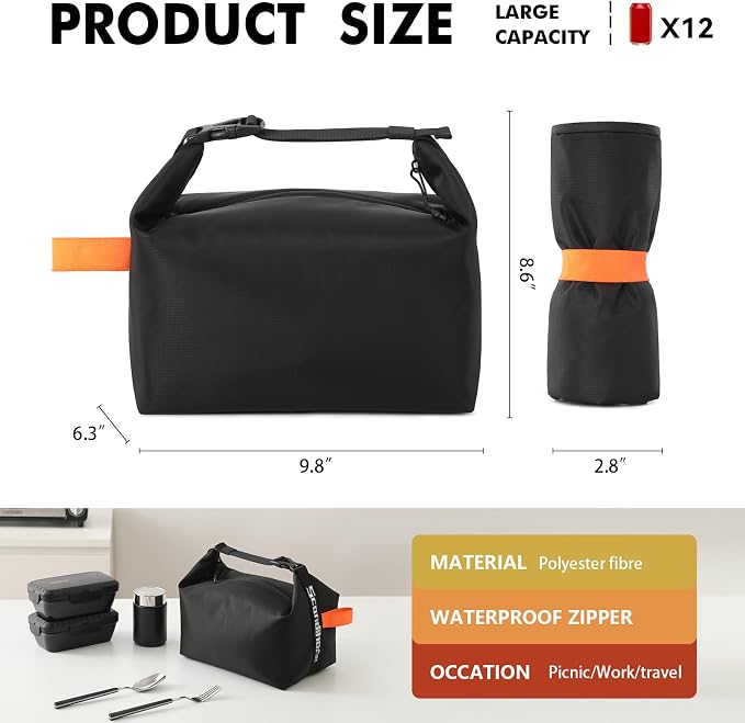 Bolsa de Almuerzo Fresh Keep – Enfriadora Hermética Reutilizable, Alta Capacidad, Unisex, Negro