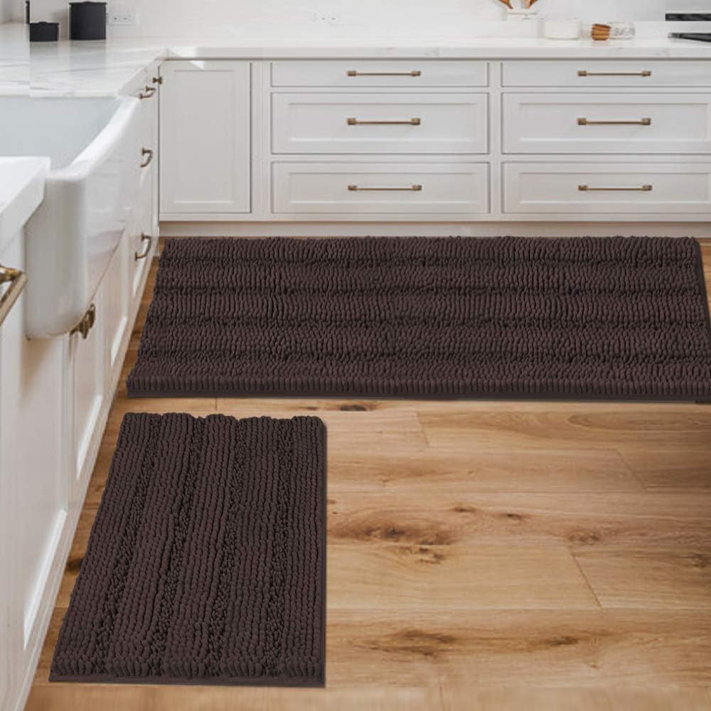 Juego de alfombras de baño de chenilla gruesas y antideslizantes, extra suaves y absorbentes, a rayas, 2 piezas, lavables a máquina.