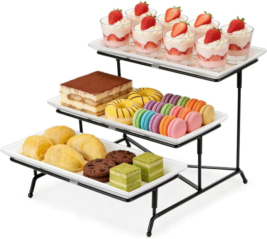 Bandeja de Servir Farielyn-X 3 Niveles 12 Pulgadas | Plastico Blanco Plegable Soporte Metal para Fiestas