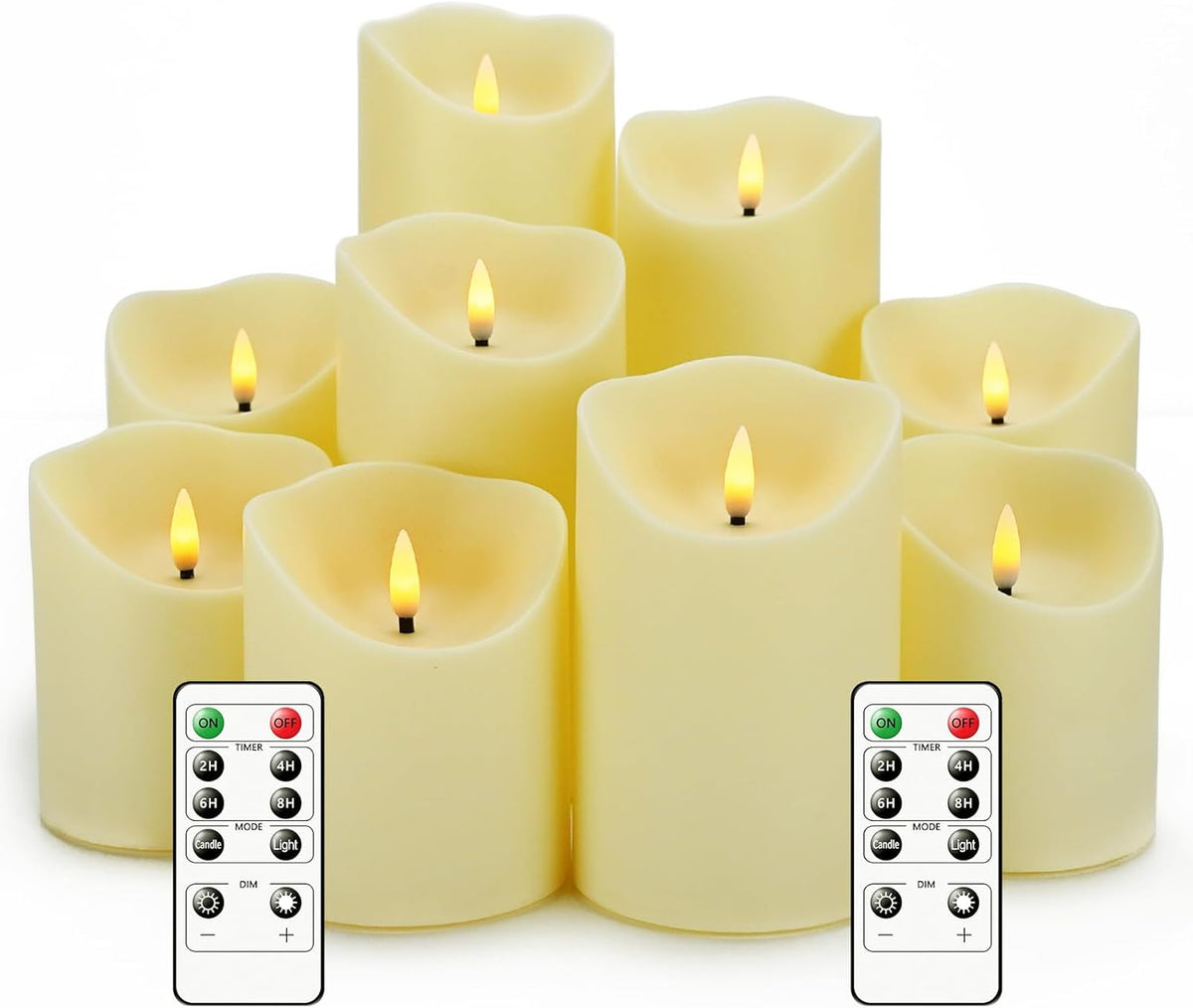 Velas LED Sin Llama Nimiko Juego de 9 – Parpadeantes a Pilas, Mando a Distancia, Temporizador 2/4/6/8h, Tallas 3"-7", Marfil