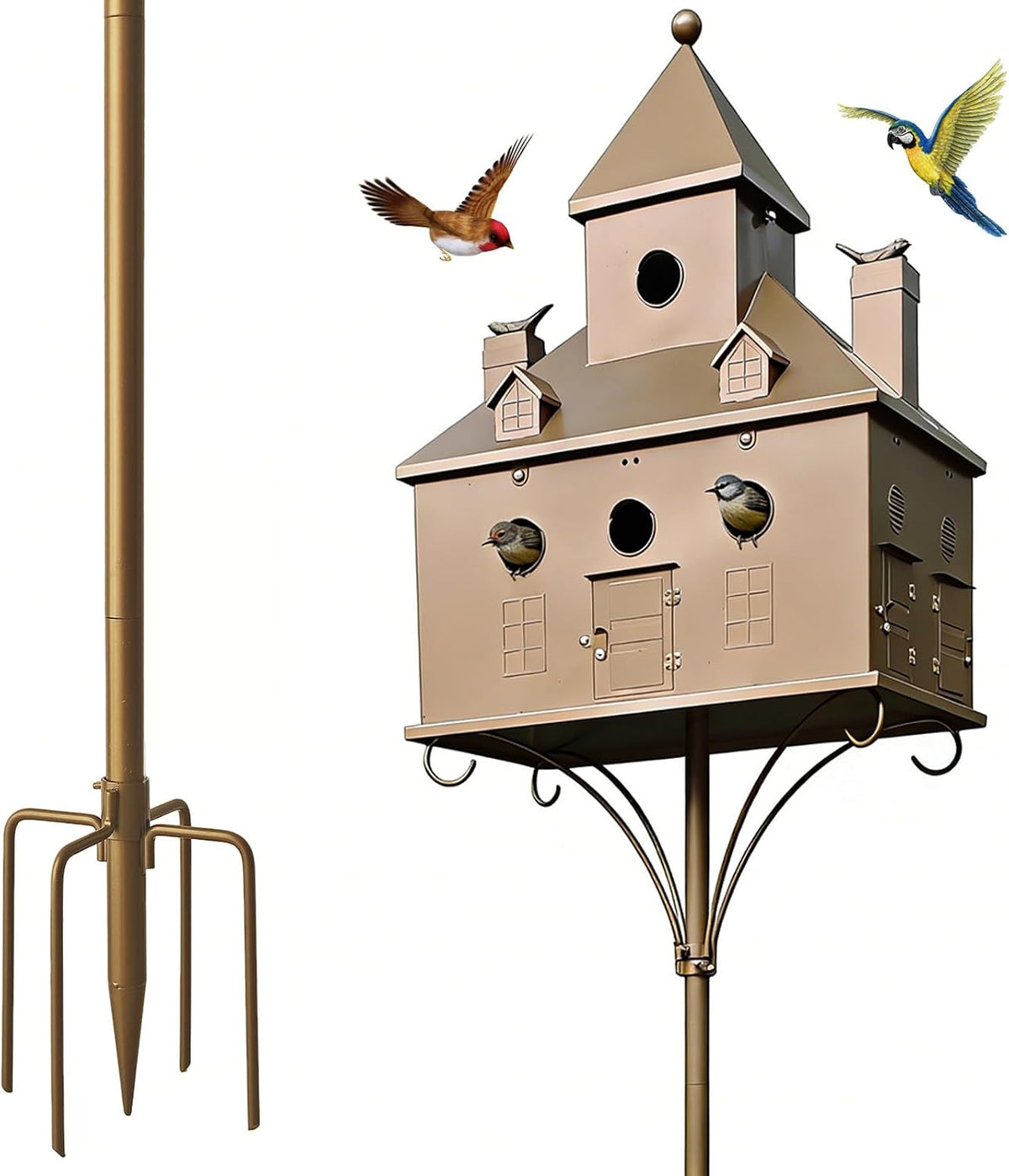 INCOMPLETO-Casita para pájaros de metal con poste, casita para pájaros tipo castillo de 7 habitaciones para jardín exterior.