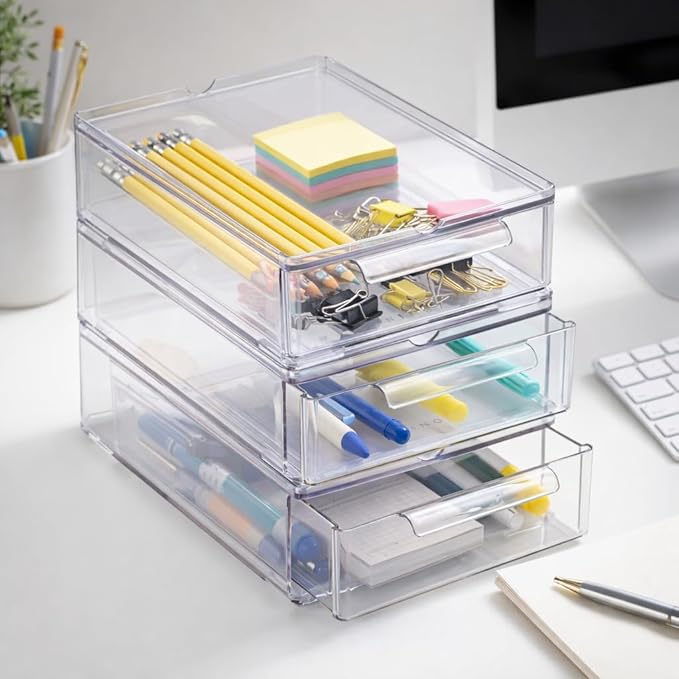 Cajones de almacenamiento apilables transparentes, pequeños, paquete de 3, cajones de almacenamiento transparentes con asas integradas, cajón organizador de plástico duradero, organizador modular apilable de acrílico