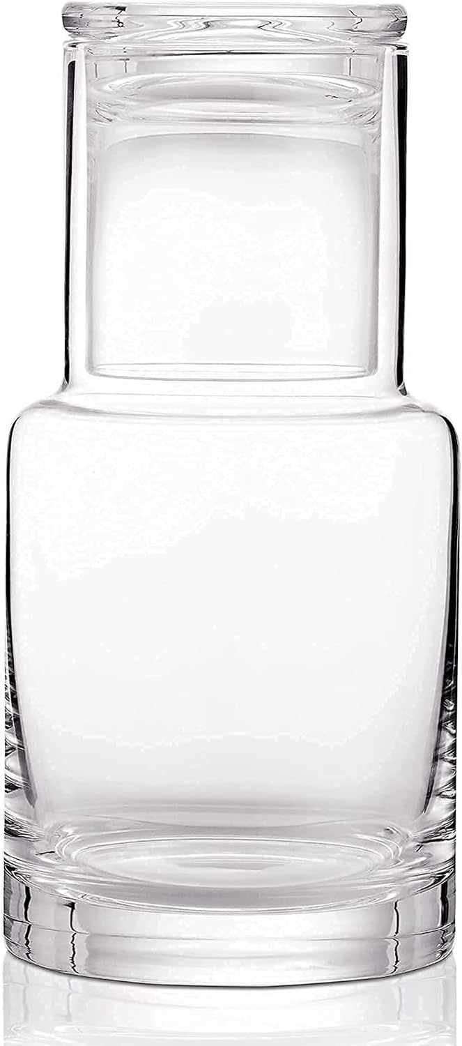 Juego de jarra y vaso para mesita de noche, use el vaso como tapa, jarra de agua nocturna para mesita de noche, jarra dispensadora de enjuague bucal con vaso de vidrio para mantener el agua limpia en el dormitorio, baño o cocina.