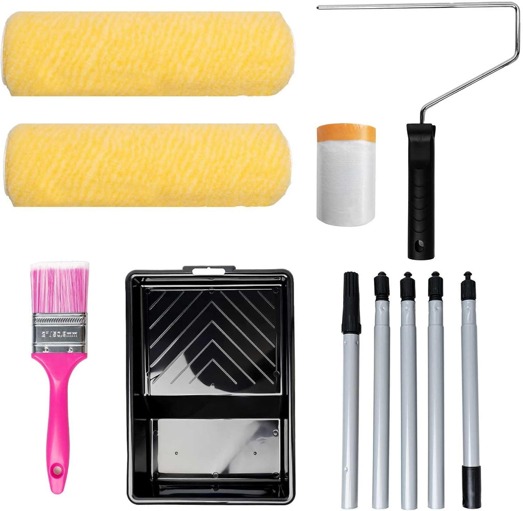 Kit de rodillo de pintura MOLLOR con mango extensible - Juego de 6 piezas con rodillo de pintura de 23 cm, brocha de pintura de 5 cm, mango extensible ajustable de 130 cm y bandeja de pintura resistente de 28 cm - Juego completo de herramientas de pintura