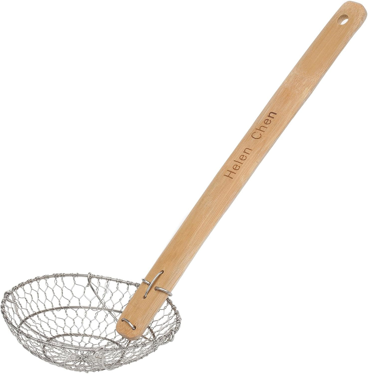 Colador tipo araña de Helen's Asian Kitchen, cesta de malla de acero inoxidable de 7 pulgadas con mango de bambú, para fideos, empanadillas, wontons, frituras y tareas de escurrido.