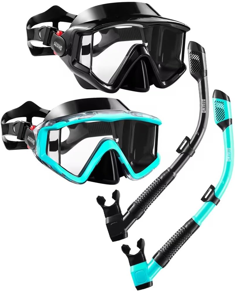 Aegend Pack de 2 equipos de snorkel para adultos, set de snorkel seco con visión panorámica, tecnología mejorada antifugas y antivaho, correa ajustable para snorkel, buceo y natación con bolsa de malla.