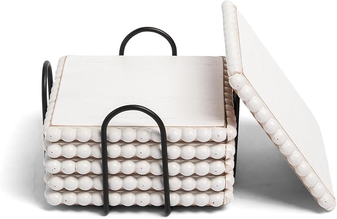 GENMOUS - Paquete de 6 posavasos de madera con cuentas de granja con soporte de metal para decoración de mesa auxiliar, cuadrados hechos a mano, juego de vasos absorbentes para bebidas, rústico, lindo para decoración de mesa de cocina del hogar, regalo