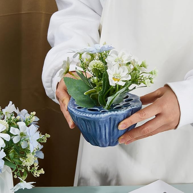 Jarrón de cerámica con forma de rana, jarrón para arreglos florales con forma de cápsula de loto, jarrón de cerámica Kenzan de 14 cm de largo, color azul, ideal para arreglos florales, decoración de sala de estar y dormitorio, centro de mesa para bodas.