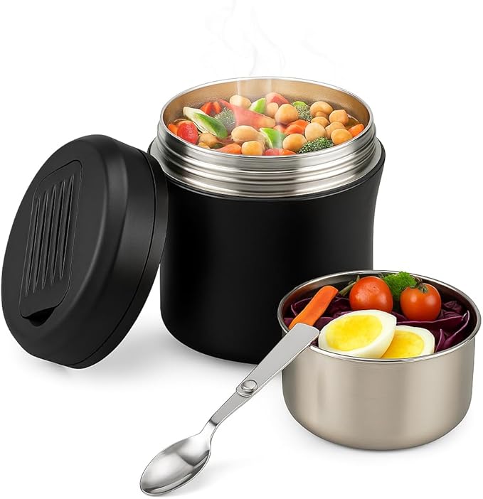 Insulated Food Jar for Adults Soup Thermo for Hot Cold Food 40 OZ, Stainless Steel Wide Mouth lunch box with Folding Spoon and Handle for Office(Ink Black)