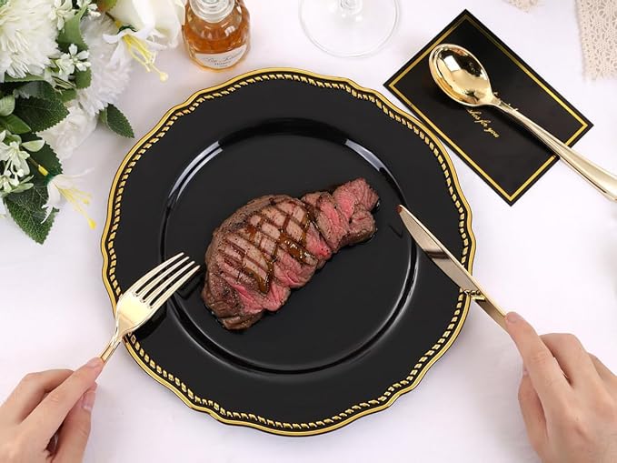 Hioasis 60 platos llanos negros y dorados para bodas