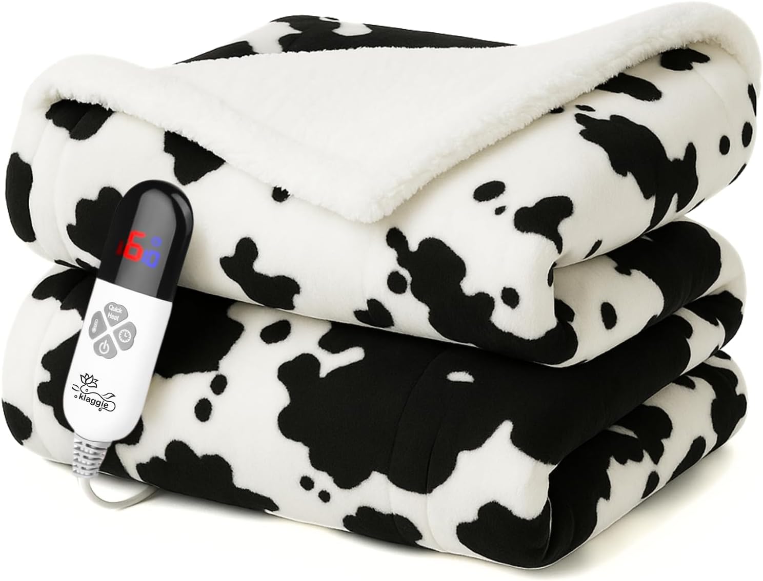 Klaggie Electric Heated Throw Blanket Sherpa 50"x60" Cow Print Machine Washable 6 Heat Settings 4 Hours Auto Off Overheat Protection for Home Office Use