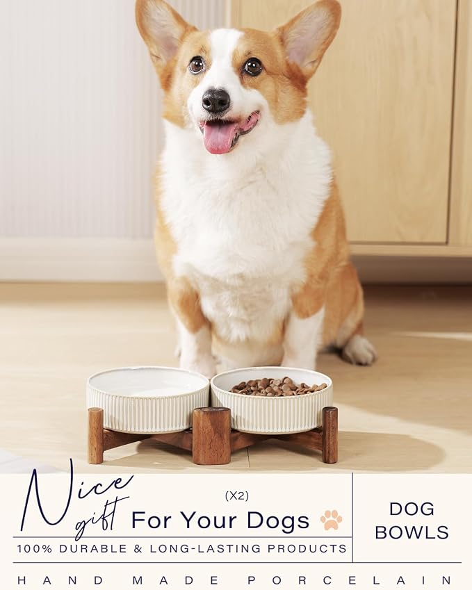 Set de cuencos elevados de cerámica para perros y gatos Getstar - Cuencos elevados de alimentación de 1.8 tazas con soporte de madera antideslizante - Platos pequeños para mascotas para comida y agua