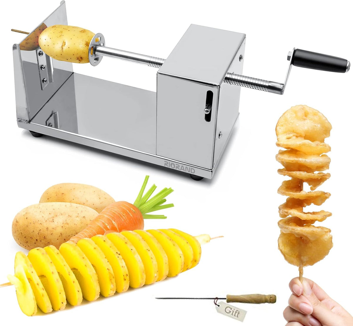 Cortador de patatas en espiral manual RioRand, de acero inoxidable con cuchillas para patatas fritas rizadas, cortador de patatas casero para la cocina, barbacoa, zanahorias y pepinos.